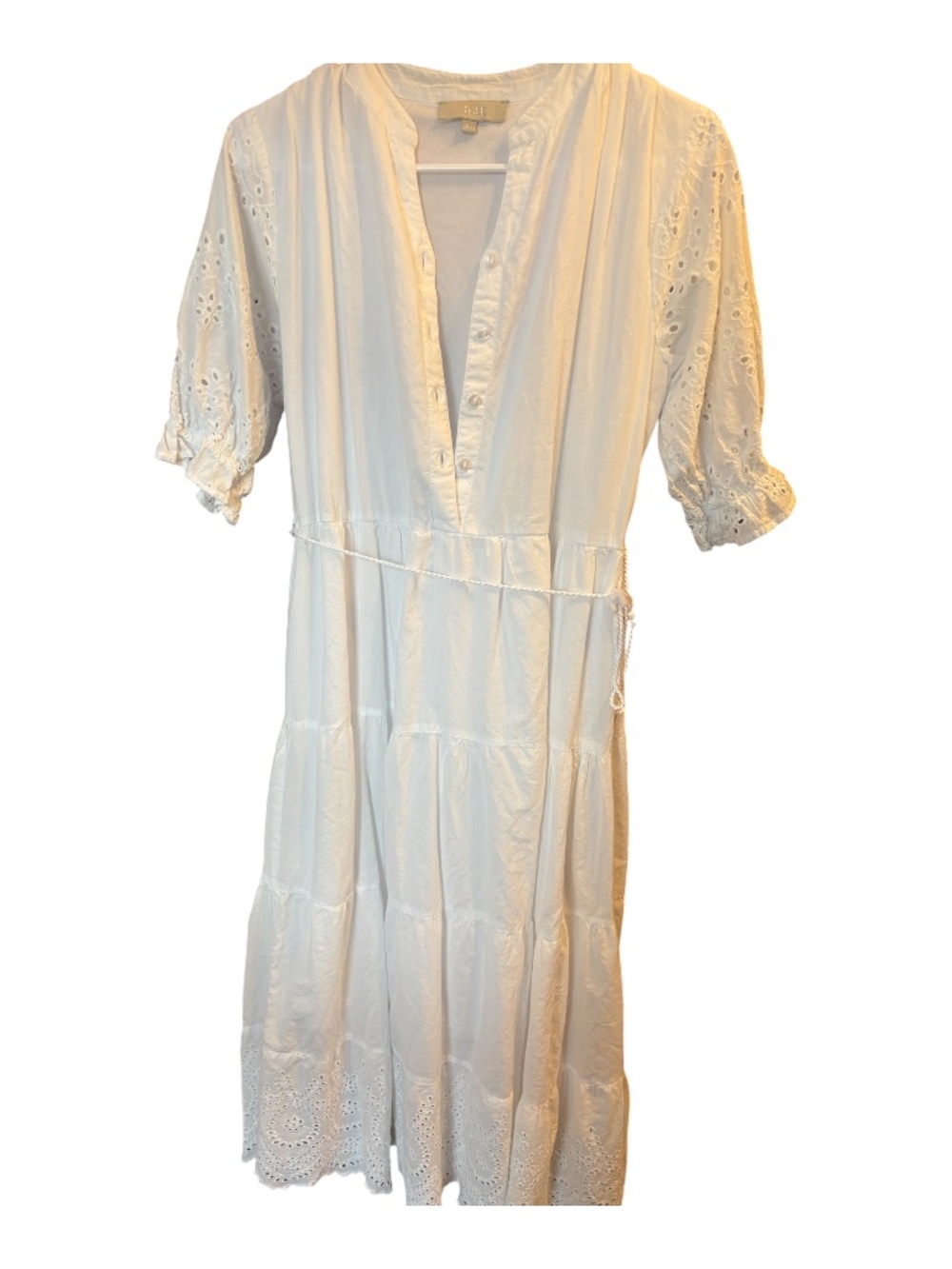 J gee Boho Eyelet Maxi Dress in White with Tie Waist